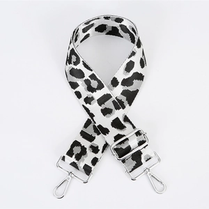 Adjustable leopard print bag strap with silver metal swivel hooks and high-density weave