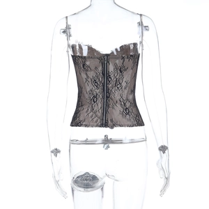 Close-up of black floral lace corset back featuring a metallic zipper closure
