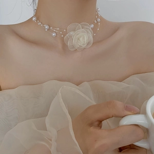 Large Mesh Flower Faux Artificial Pearl Choker Necklace Layered Organza Romantic Elegant French Style Jewelry Accessory For Women