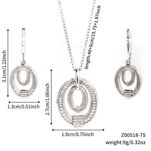 Detailed dimensions of silver necklace and earring set with cubic zirconia stones