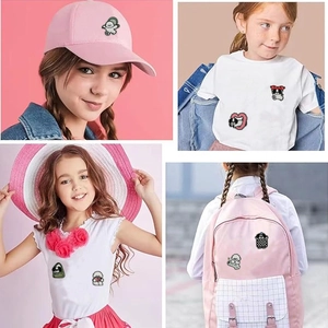 Cute cartoon puppy embroidery patches shown on hat, T-shirt and backpack surfaces