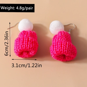 Detail of rose red knitted hat earrings showing dimensions of 6cm height and 3.1cm width