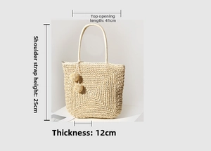 Detailed size chart for handmade straw tote bag with pompom decor and strap dimensions