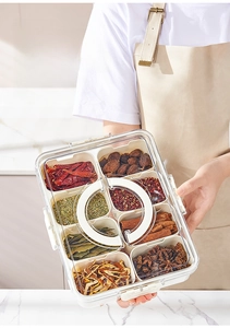 Detail of 8-compartment clear food-grade plastic spice box with handle and seasonings