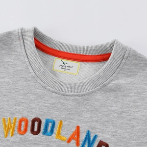 Grey kids sweatshirt featuring colorful Woodland embroidery and orange neck tape detail