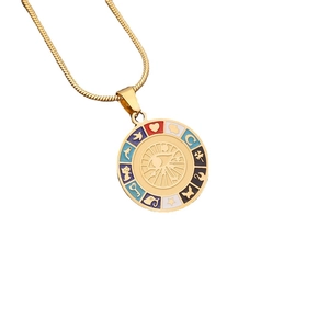 Minimalist stainless steel necklace with gold eye pendant and colorful symbols on white
