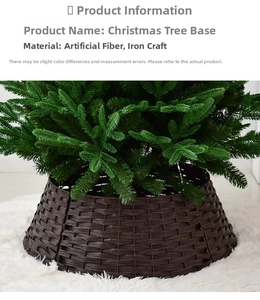Détail du cache-pied de sapin de Noël en fibre tressée marron foncé avec cadre en fer
