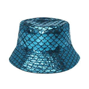 Metallic blue bucket hat with fish scale pattern for women and hip hop fashion style