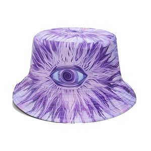 Detail of purple bucket hat featuring psychedelic print and central eye graphic design
