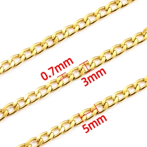 Gold stainless steel NK Cuban chains shown in 0.7mm, 3mm, and 5mm width specifications