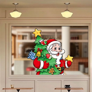 Cartoon Christmas window stickers with Santa, tree and stars on glass background