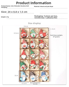Detailed size specifications for wood gnome Christmas tree hanging ornaments set