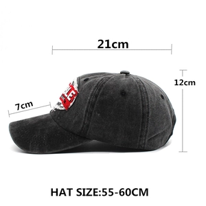 Unisex distressed black washed cotton baseball cap with embroidered patch and size specs