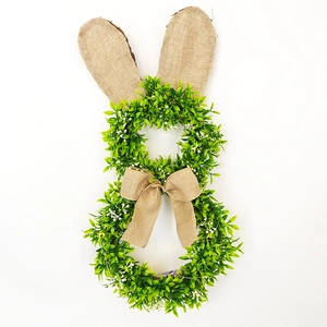Couronne De Lapin De Pâques Feuilles Vertes Artificielles Oreilles En Toile De Jute Noeud LED Lumineux Décoration Murale