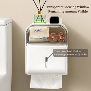 Wall-mounted white waterproof tissue box with transparent storage for bathroom organization