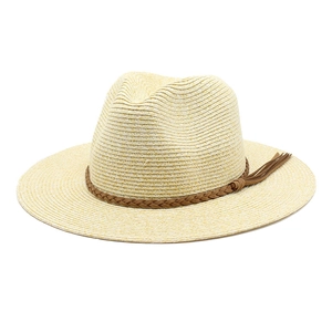 Beige Panama straw fedora hat with woven leather cord and tassel decoration for summer