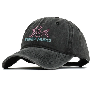 Macro detail of high-quality embroidery and washed cotton fabric on a baseball cap