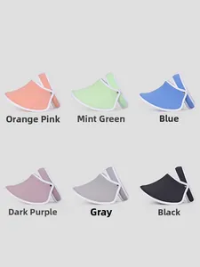 Collage of sun visors in orange pink, mint green, blue, dark purple, grey, and black