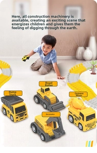 Detail of assembly track and construction toy set with excavator and dump truck
