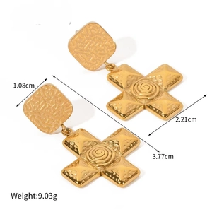 Detail view of 18K gold plated cross earrings with precise size measurements shown