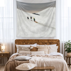 Artistic winter scene tapestry with hand-painted oil style on a soft bedroom wall