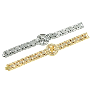 Hip hop rotating cross watch link bracelet with full crystal pavé in gold and silver
