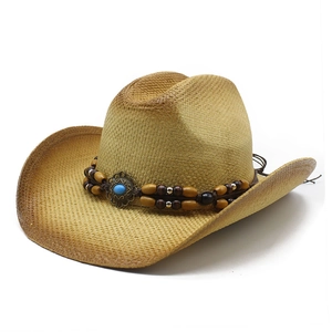 Western Cowboy Straw Hat With Beaded Band Turquoise Accent Wide Brim Sun Protection Bohemian Vintage Beach Travel For Women Men