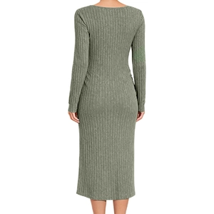 Sage green V-neck maternity knit dress with long sleeves and pleated slit design