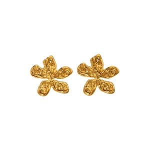 Irregular golden five-petal flower stud earrings with hammered texture for women