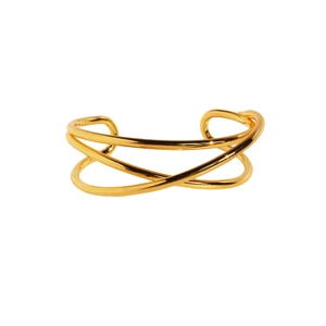 Bracciale rigido dorato moderno con linee geometriche incrociate e design metallico
