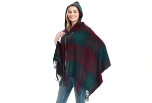 Detail view of plaid hooded poncho featuring toggle buttons and fringed hemline edges