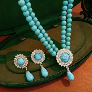 Vintage turquoise and rhinestone double strand pearl necklace and earring jewelry set