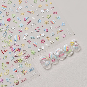 3D embossed nail art stickers with macaron rainbow patterns and cute hand-drawn hearts