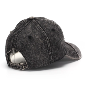 Washed dark denim baseball cap with SMK embroidery and adjustable metal buckle back