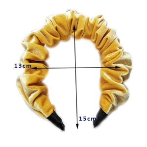 Detail view of yellow velvet pleated headband showing dimensions of 13cm width and 15cm height