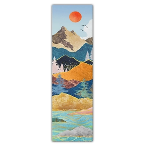 Macro detail of sun and mountain landscape print with elegant gold leaf textures