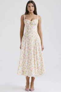 Detailed lace-up chest design and lace hem on a floral midi sundress with prints