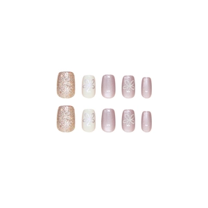 Short square champagne sequin and floral cat eye press-on nail set with 10 pieces