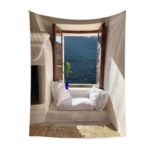 Detail of Mediterranean window view tapestry with blue flowerpot and green forest landscape