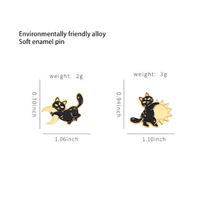 Punk black cat enamel pin set with celestial sun and moon designs in durable alloy