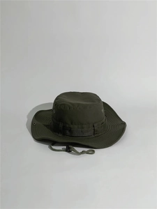 Army green wide-brim boonie hat for outdoor hiking featuring windproof adjustable cord