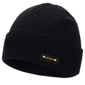 Winter Knitted Beanie Hat Warm Acrylic Ribbed Cap With SPORT Leather Patch And Metal Rivets For Men Women