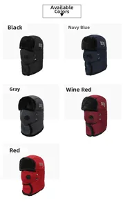 Detail view of winter trapper hats in five colors with thermal fur lining and masks