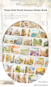 Detailed close-up of 30 watercolor travel landscape washi stickers with European landmarks
