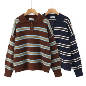 Women Retro Striped Knitted Polo Shirt Contrast Color Short Sleeve Streetwear Slim Fit Knitwear Top For Daily Casual Wear