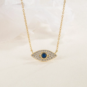 Elegant gold S925 silver necklace with blue devil eye pendant and white diamond accents