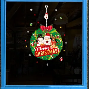 Christmas window sticker featuring Santa, snowman and wreath with Merry Christmas text
