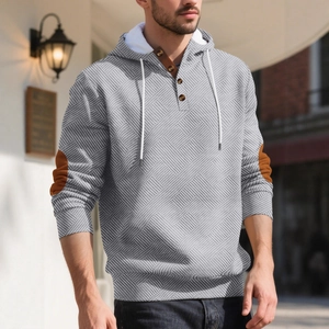 Men's light grey hooded sweatshirt with diagonal twill texture and leather elbow patches
