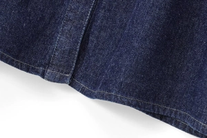 Close-up of deep blue denim fabric with detailed white stitching and twill texture