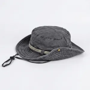 Unisex washed cotton bucket hat in dark grey with adjustable drawstring and wide brim